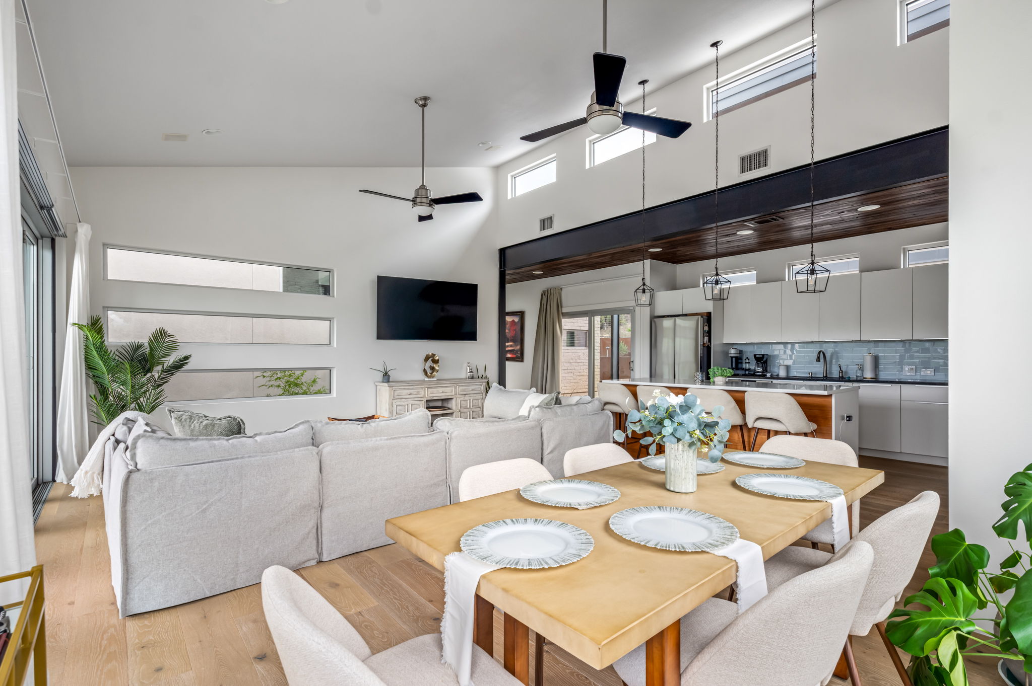 Spacious dining table ideal for group meals and celebrations