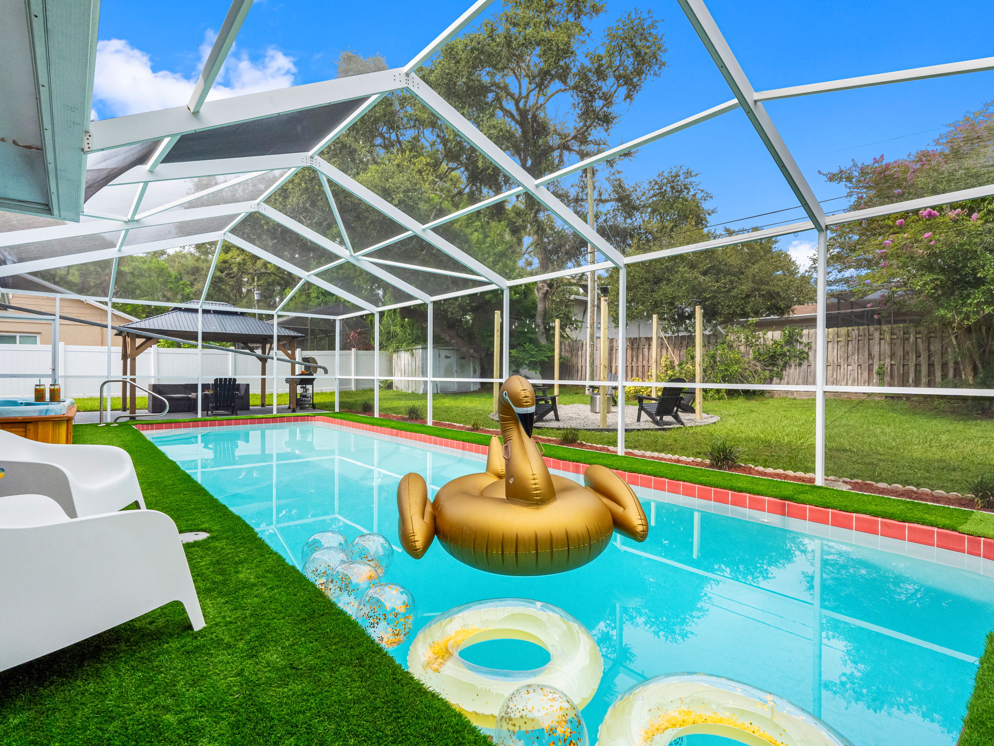 Enjoy daytime splashes or unwind under the glowing sunset canopy—your private oasis is always open.