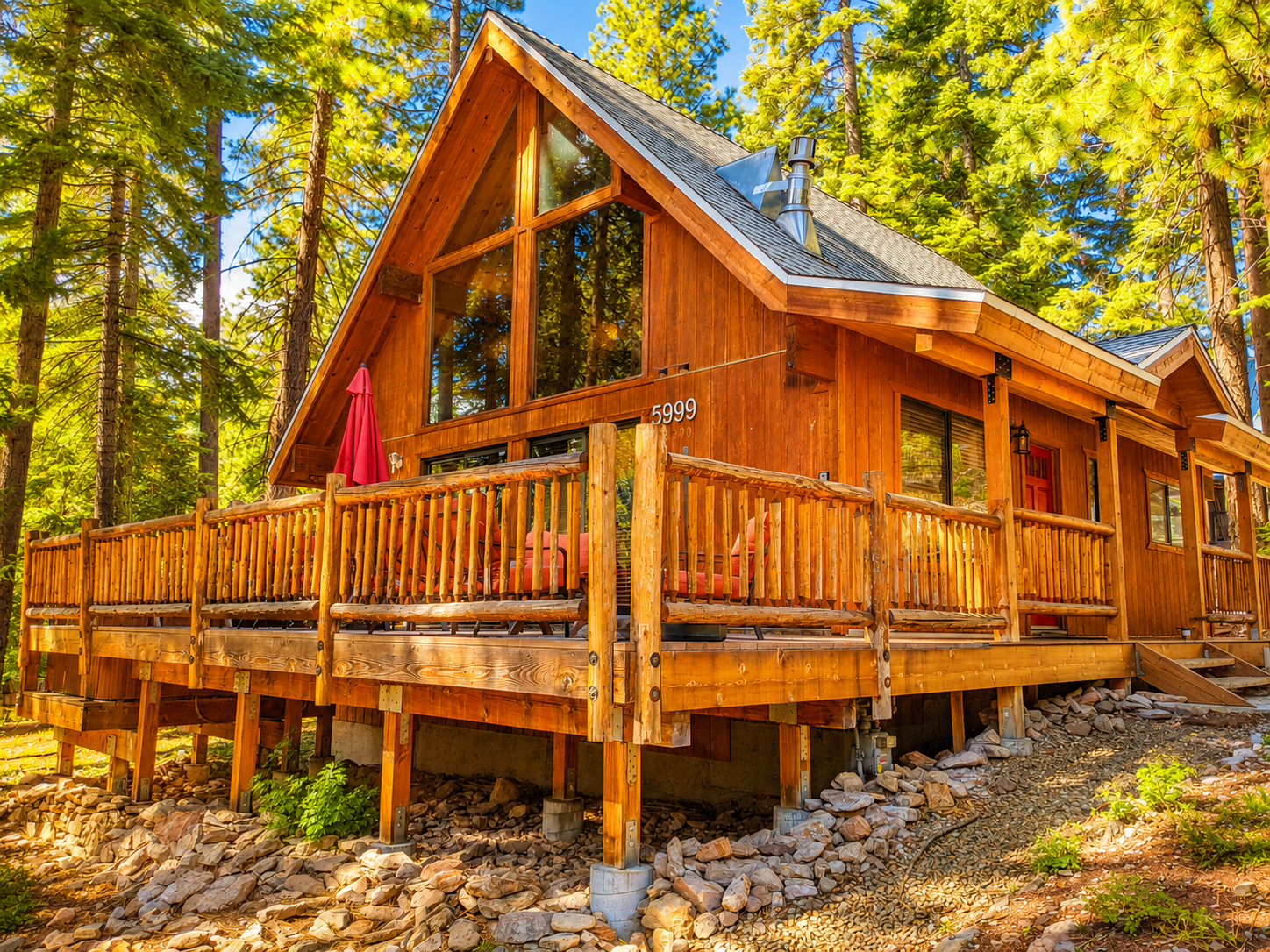 Our "Baby" cabin is a classic A frame structure with a covered front walkway and large deck.  It's nestled into the pines in Carnelian Bay/ Agate Bay North Lake Tahoe.