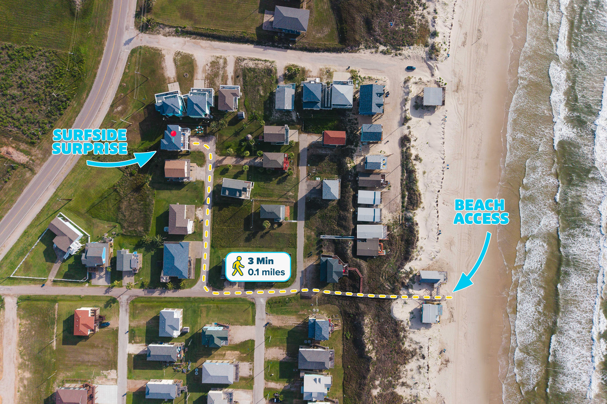 Your actual walk to the sand: 3 minutes, 0.1 miles, straight down the boardwalk. No long loop around the neighborhood.
