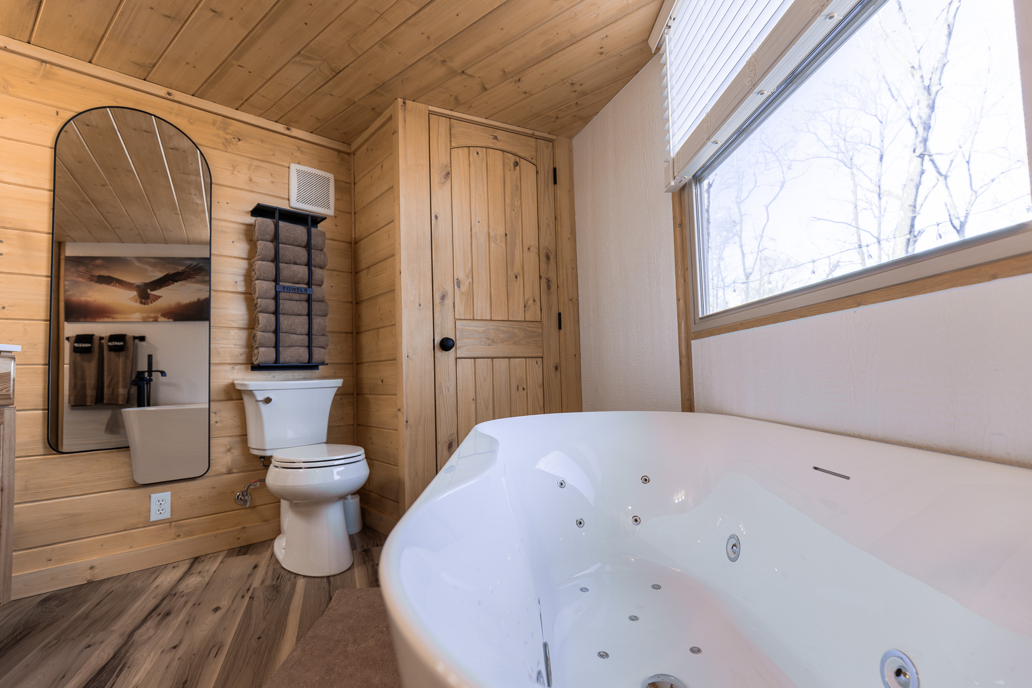 Primary bathroom with soaking tub, modern fixtures, and natural light