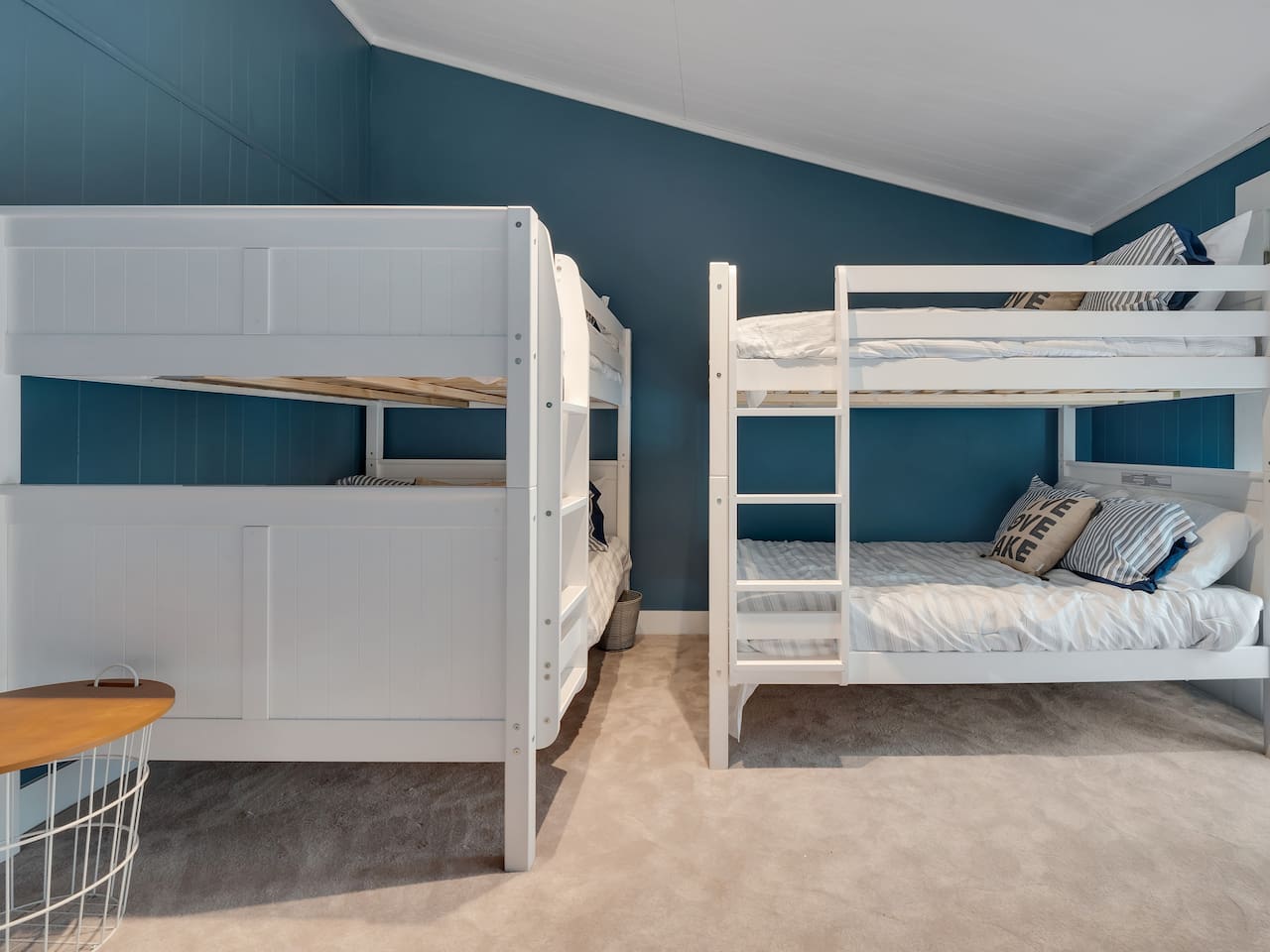 Upstairs, two full-over-full bunkbeds, plenty of space.  Patio over front yard.