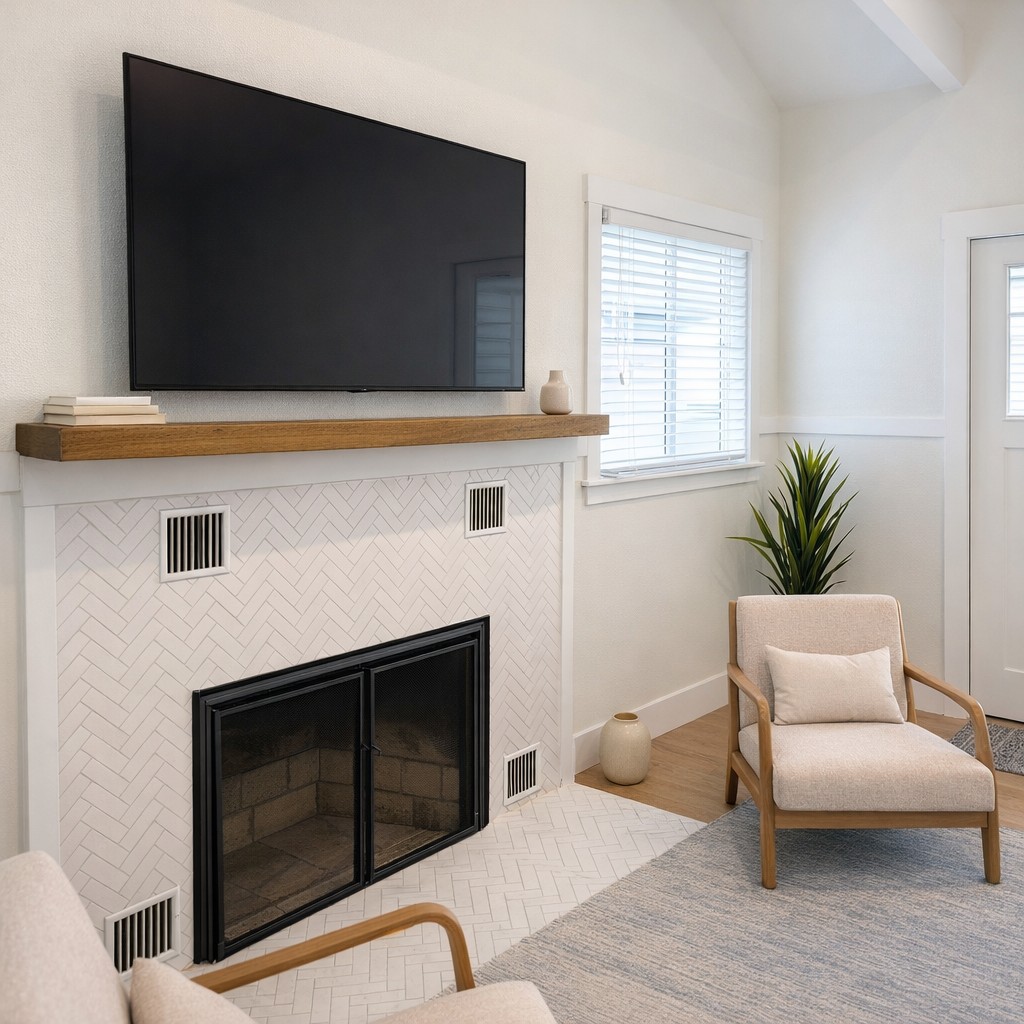 Tiled fireplace with a coastal vibe