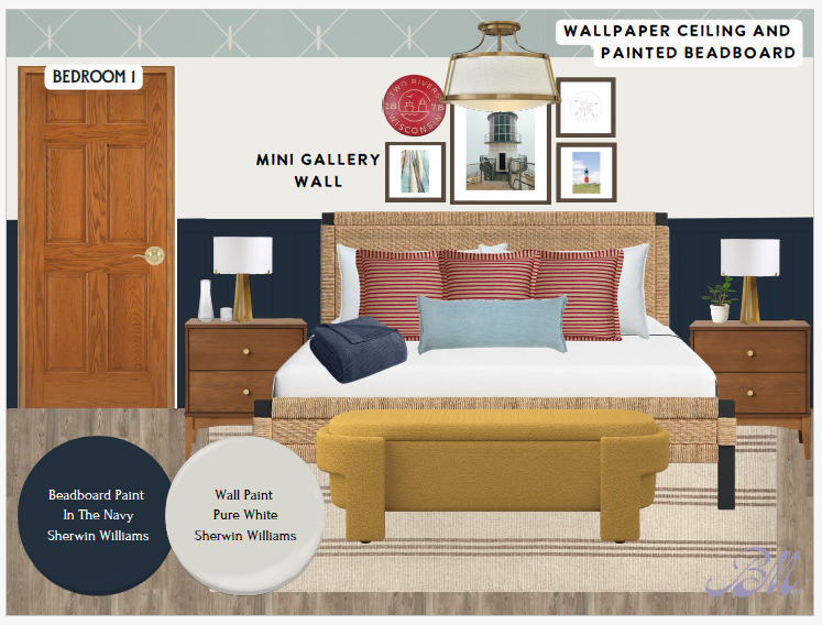 Updated main floor bedroom w/ a cozy bed, layered pillows, & warm, inviting styling.