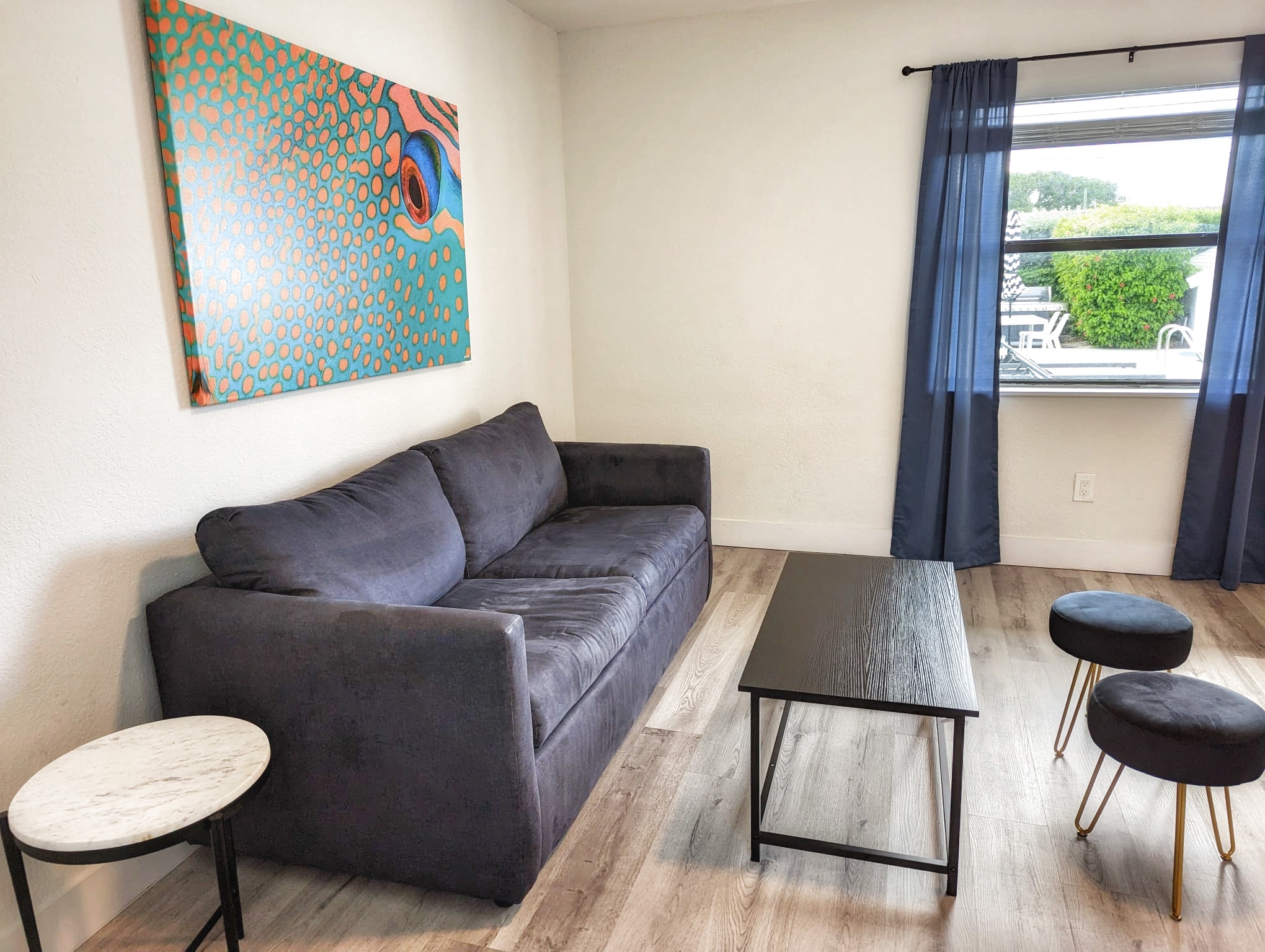 Living room with black out curtains for privacy and sleeping in!