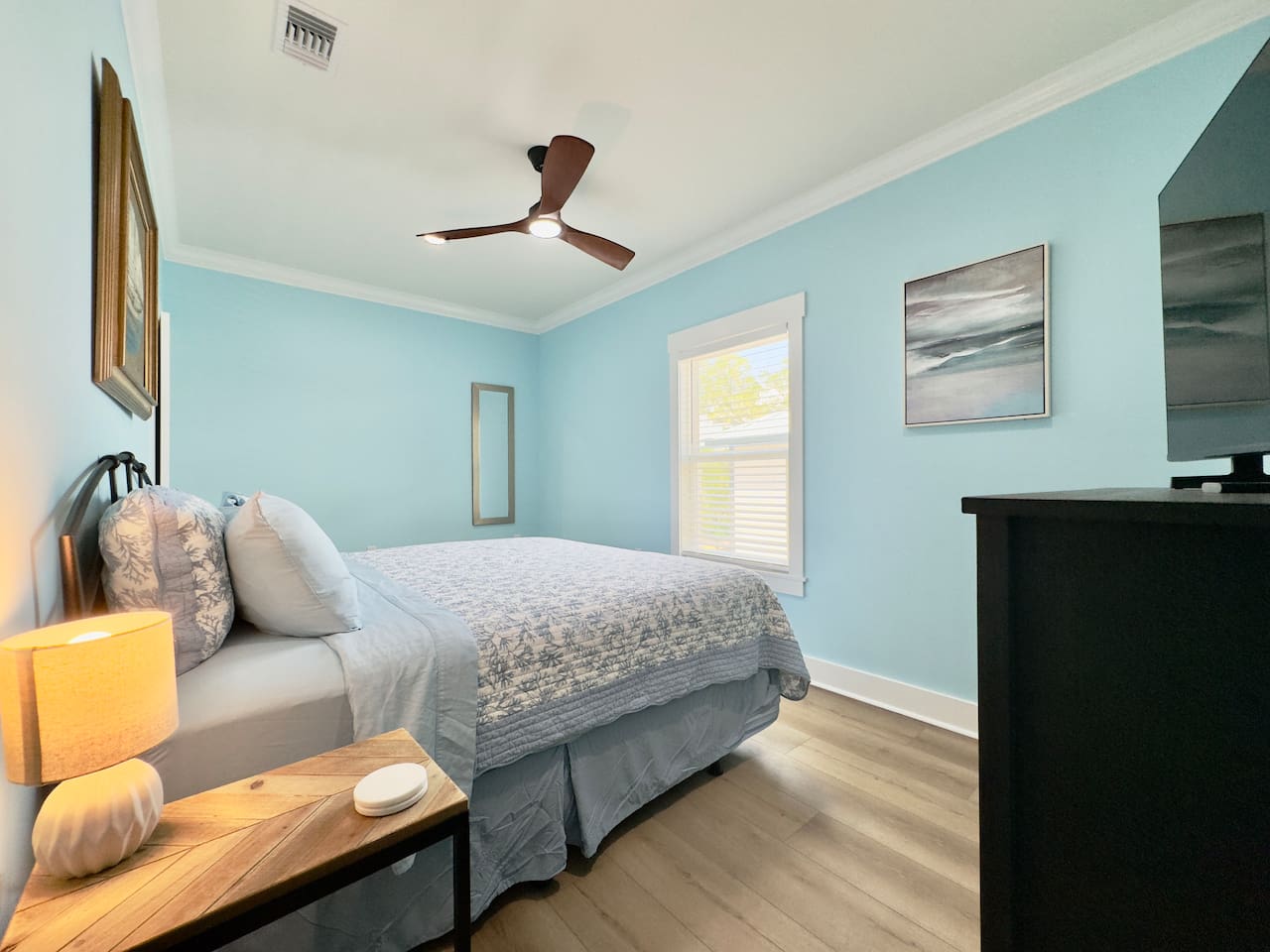 Enjoy a peaceful space with soft tones and cozy touches.