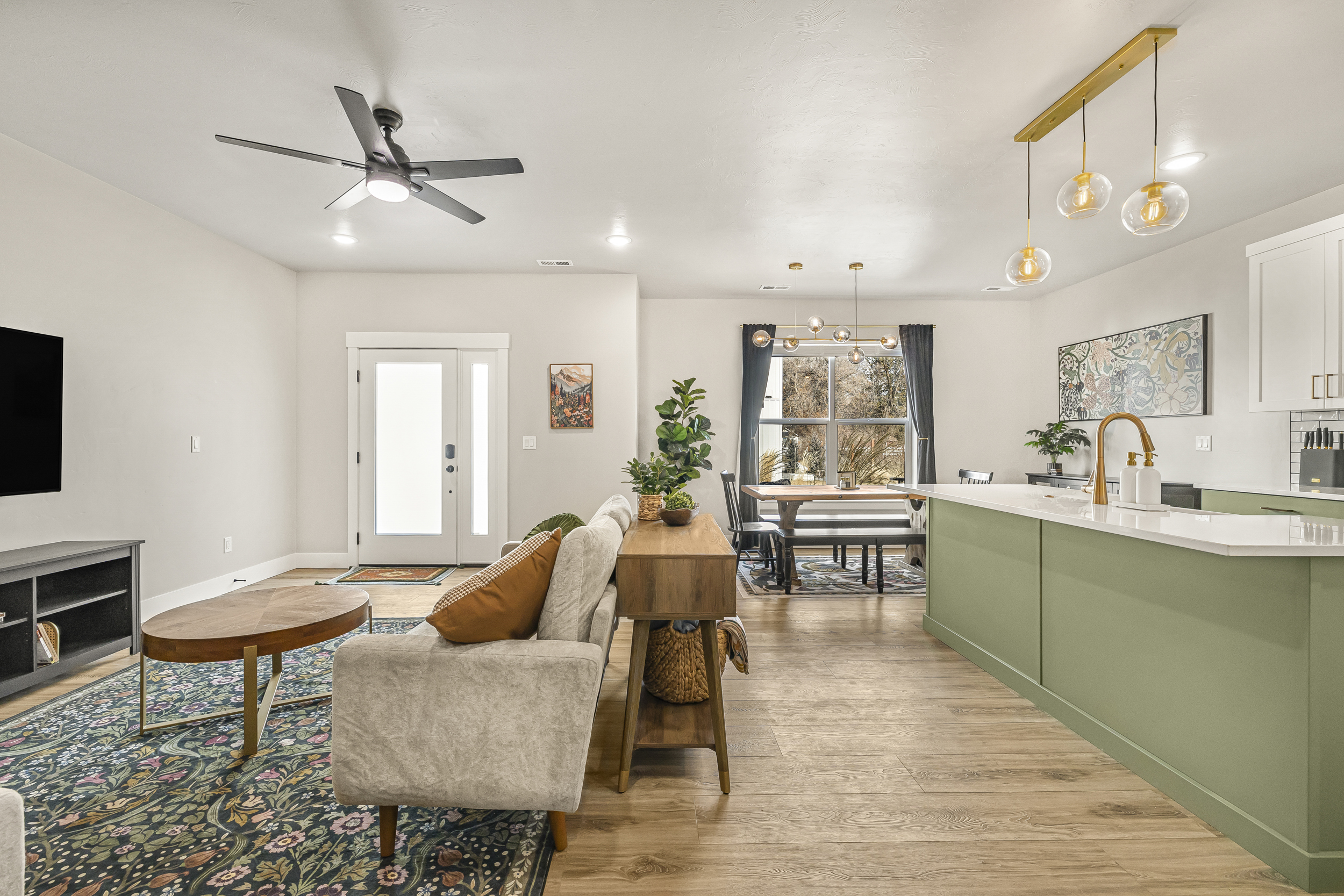 Main level living room, kitchen and dining area.
