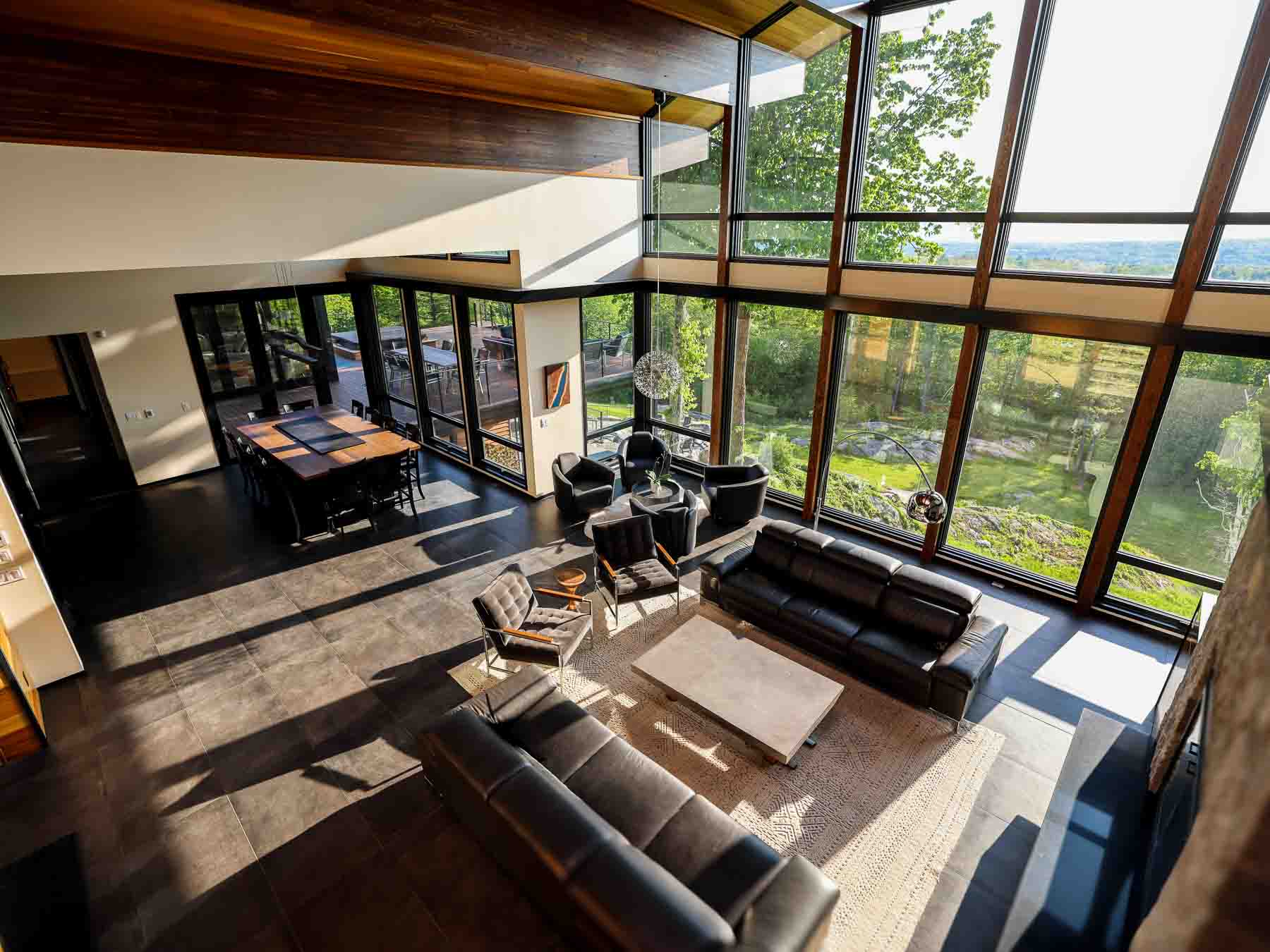 Aerial view of the Great Room and Chef&rsquo;s Kitchen at Sunset Falls &mdash; open-plan entertaining, Berkshires