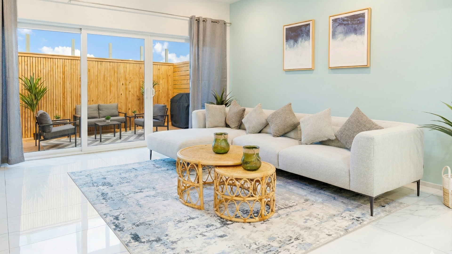 Open‑Concept Living Room with Plush Sofa, Coastal Décor & Sliding Glass Doors