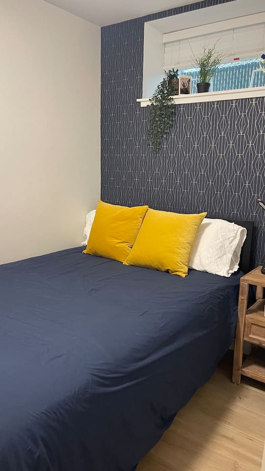 Double bed, dresser in closet.