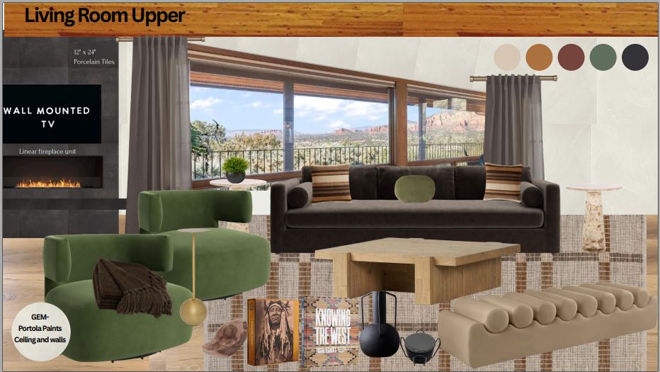 Spacious living room with panoramic red rock views, plush seating, and a cozy fireplace.