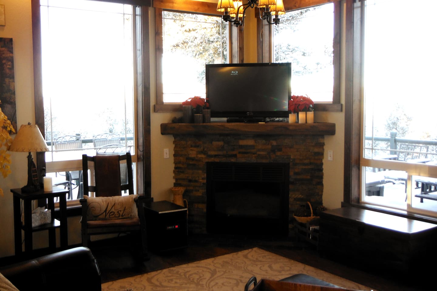 Front LIving area with a view and propane fireplace