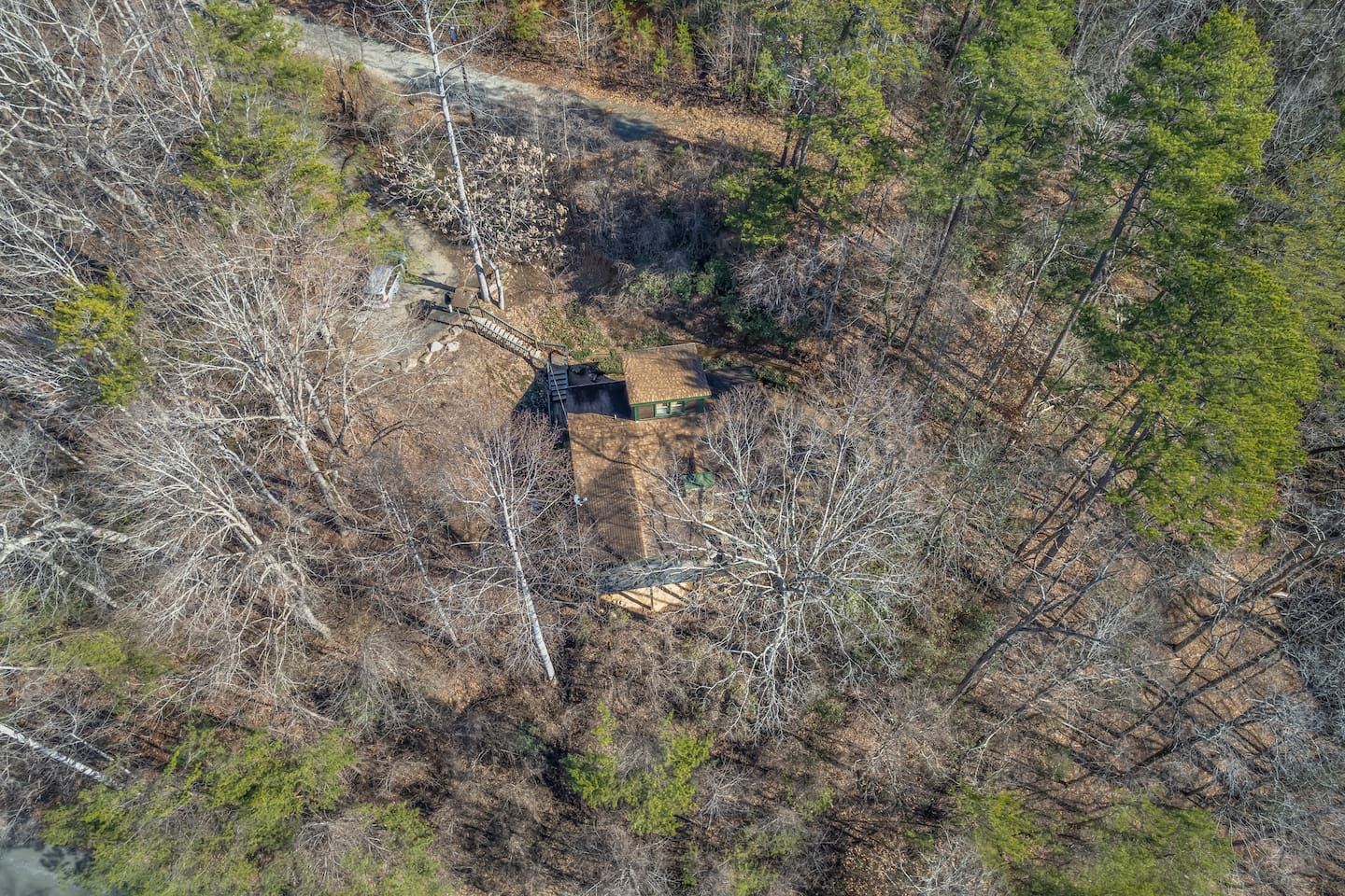 Upper drone view of the cabin.