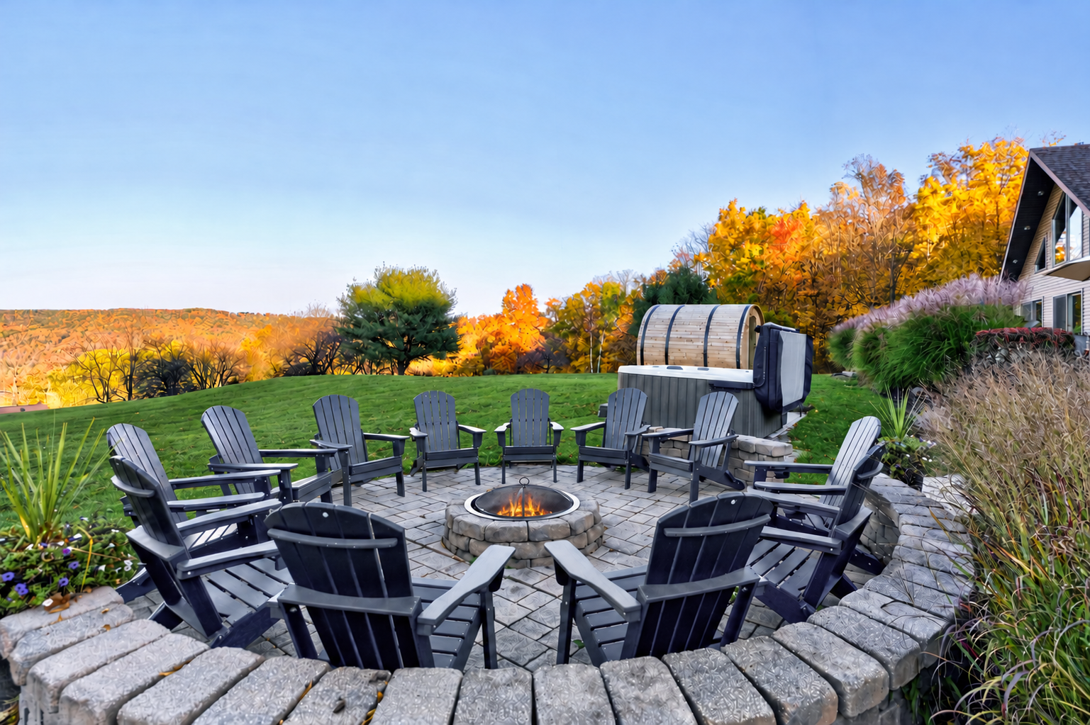 Outdoor fire pit surrounded by Adirondack chairs