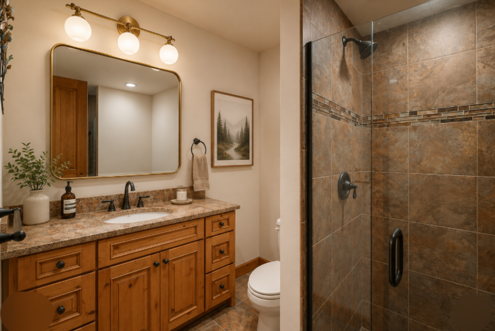 {Basement Bathroom} Thoughtfully designed with a large walk-in shower and plenty of space, this lower-level bathroom keeps everyone comfortable during your stay.