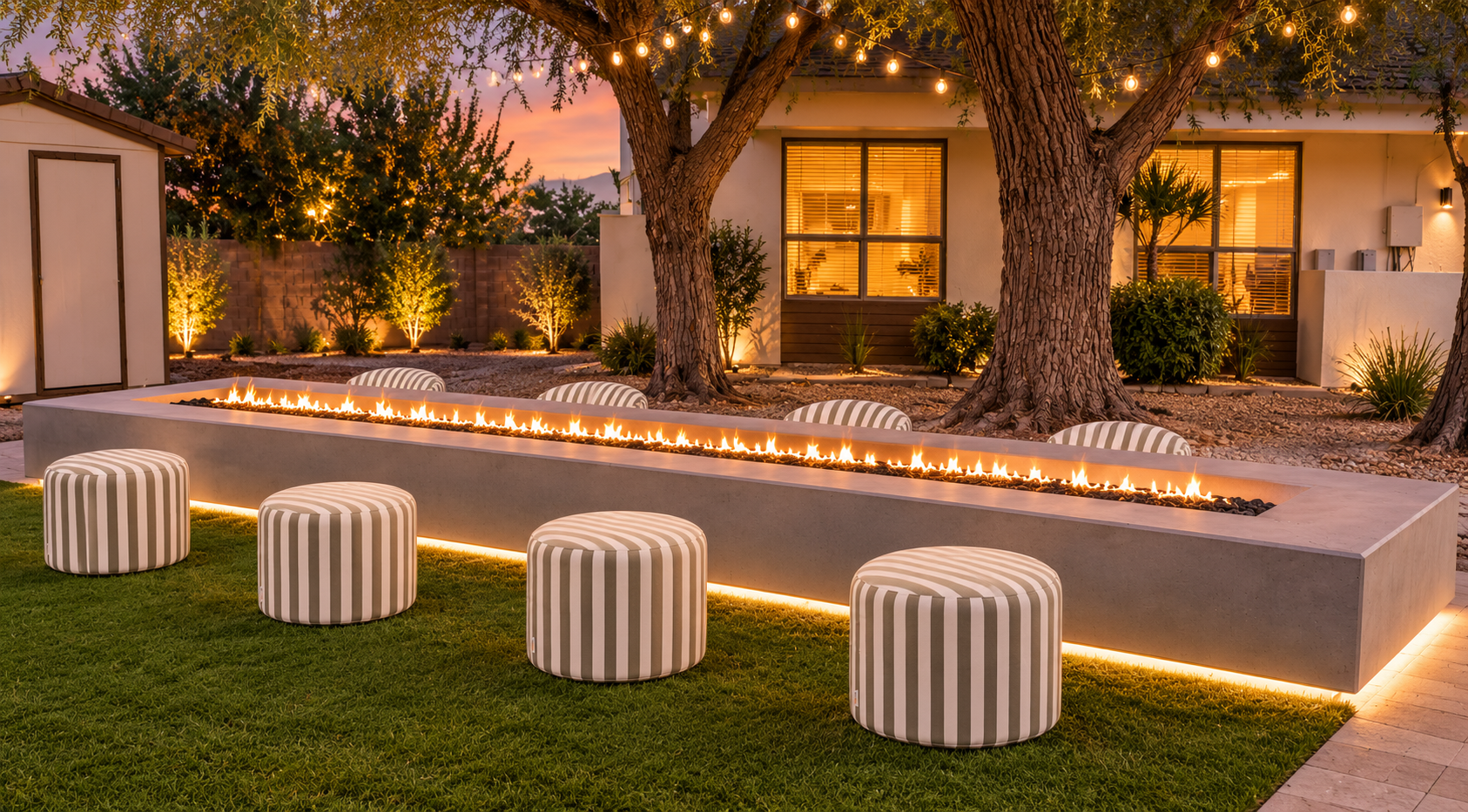 {14-Foot Fire Pit} We transformed the original planter into a custom 14-foot linear fire pit — now one of Firebird’s coziest gathering spots for cocktails & conversations.