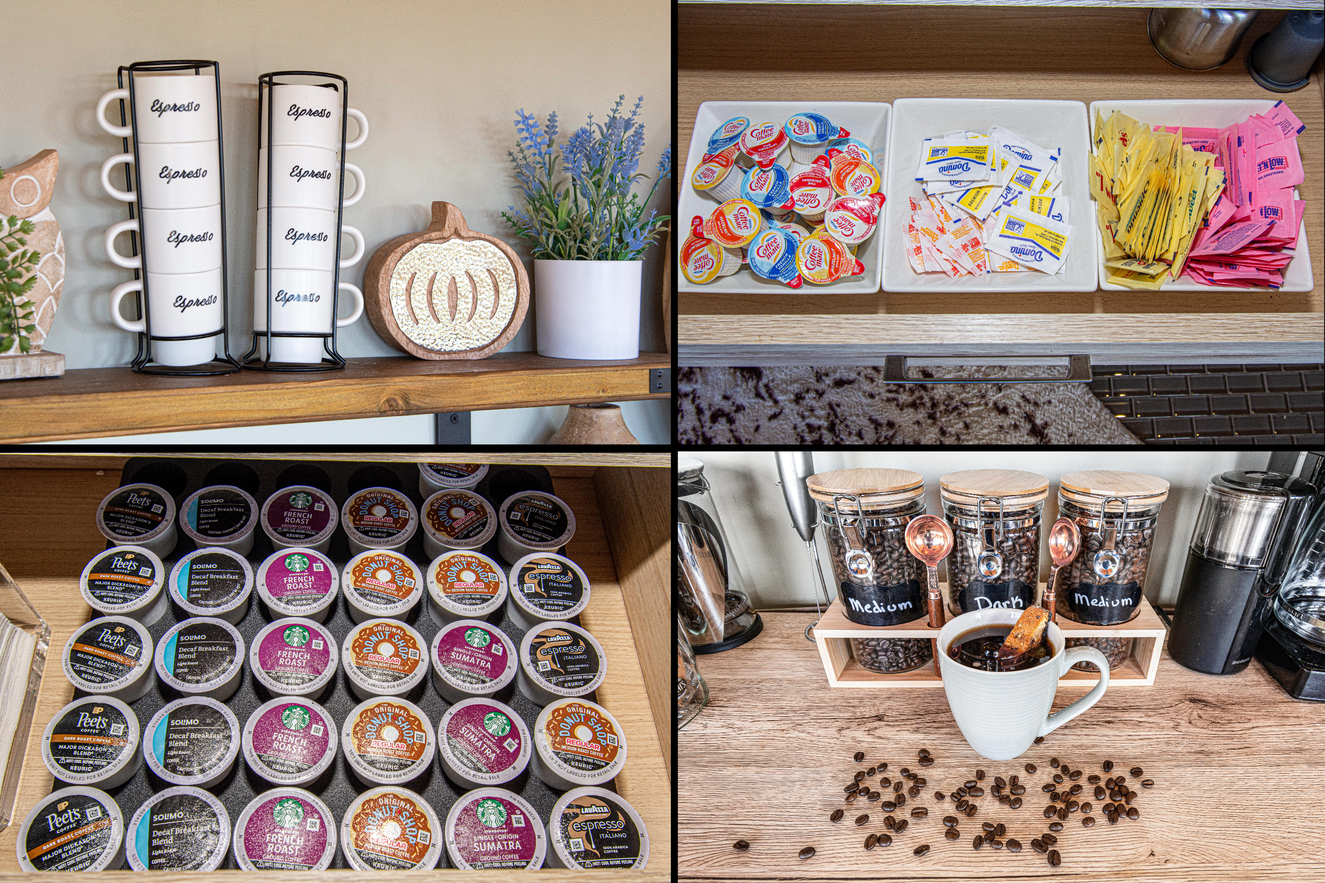 Multiple choices of beans, ground, and K Cups.