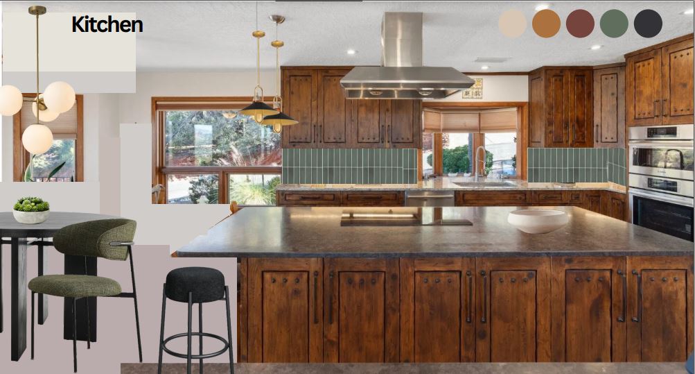 Chef’s kitchen with premium appliances, large island, and stunning wood cabinet.