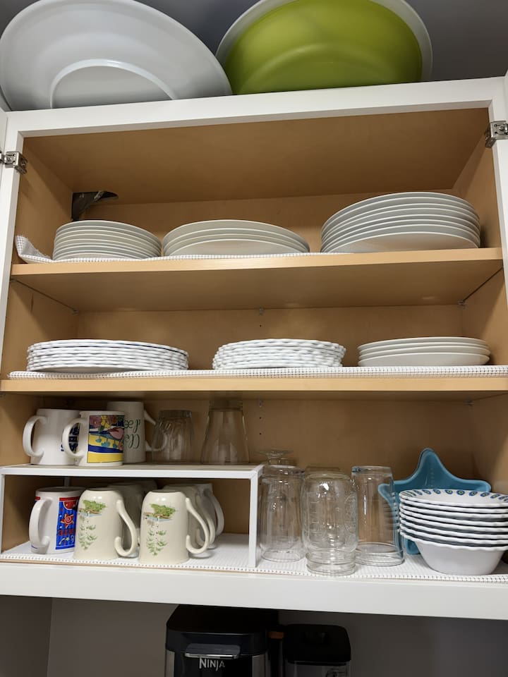 BPA Free plates for outside dining.  China and glasses for inside dining.
