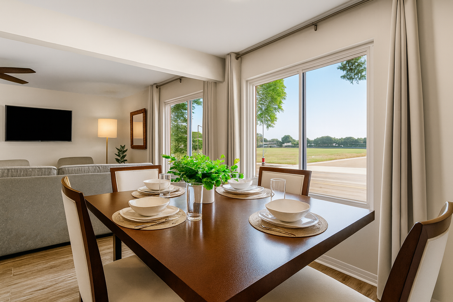 Bright dining area with large windows, natural light, and a stylish table setup overlooking the living room—perfect for meals with a view.