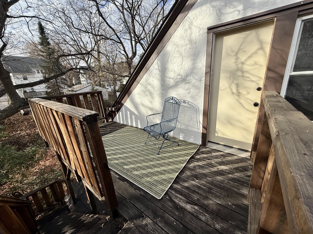 Private deck as second entrance, two chairs and outdoor table are provided (not currently pictured). Solar powered string and stair lights to guide your way.