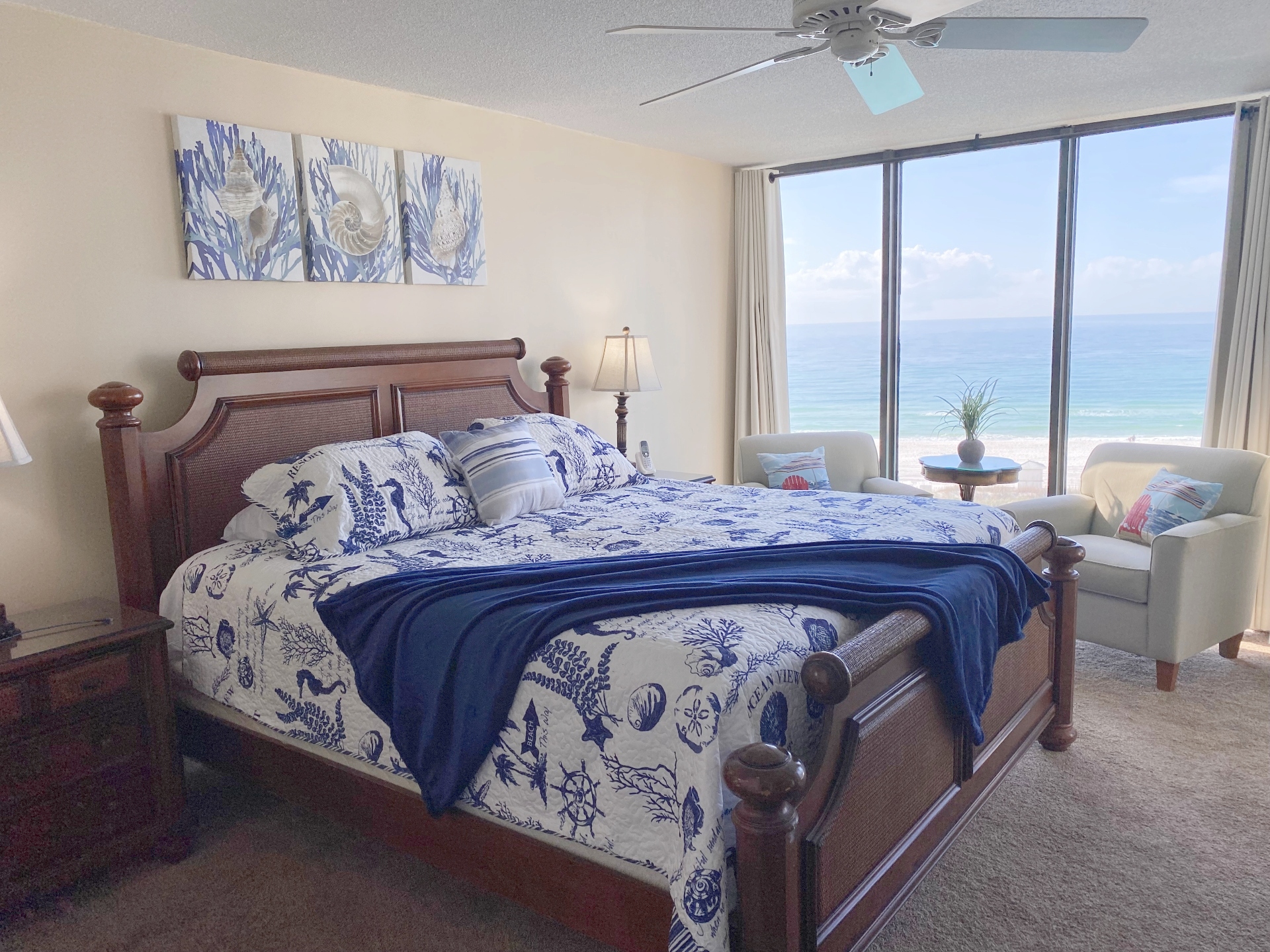 Bedroom has King bed, dresser, and closet.  TV, too!