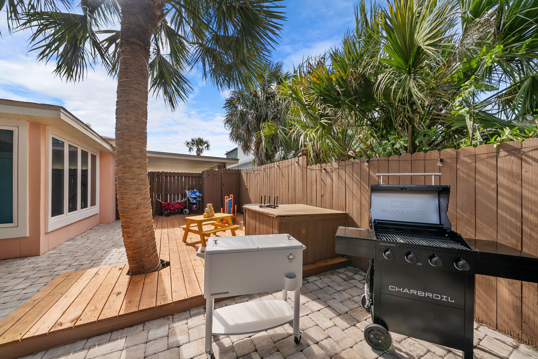 The grill station comes with a rolling beverage cooler cart so drinks stay cold while you cook.  No running inside, no interruptions, just backyard grilling done right.