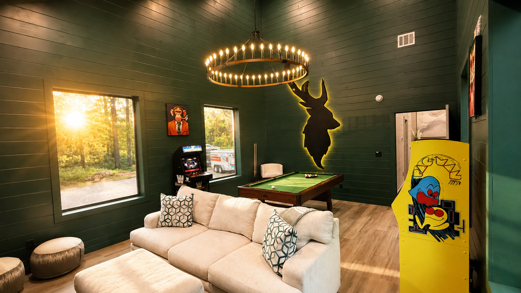 Game Room: Unwind with pool, arcade fun, and stunning forest views in vibrant surroundings!