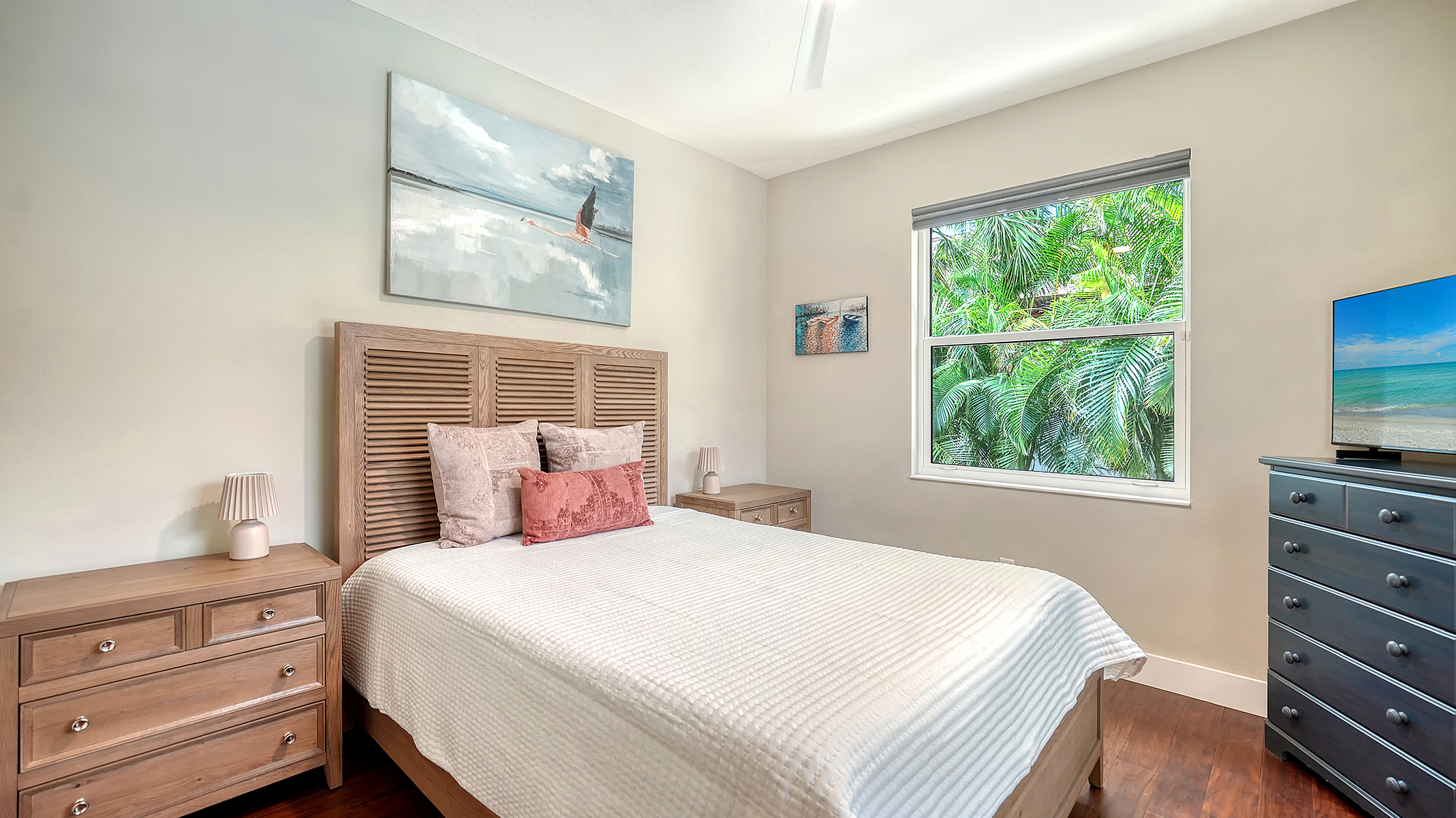 2nd Queen bedroom with hybrid mattress, plenty of hangers in the closet, and the best pool view