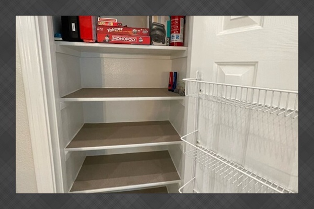 Kitchen: Pantry, games, pool float electric air pump, 1st aid kit+