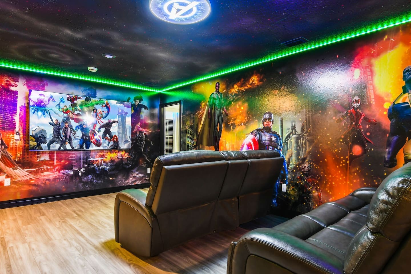 Immerse yourself in the ultimate Marvel-themed movie theater room, where epic design meets cinematic adventure!