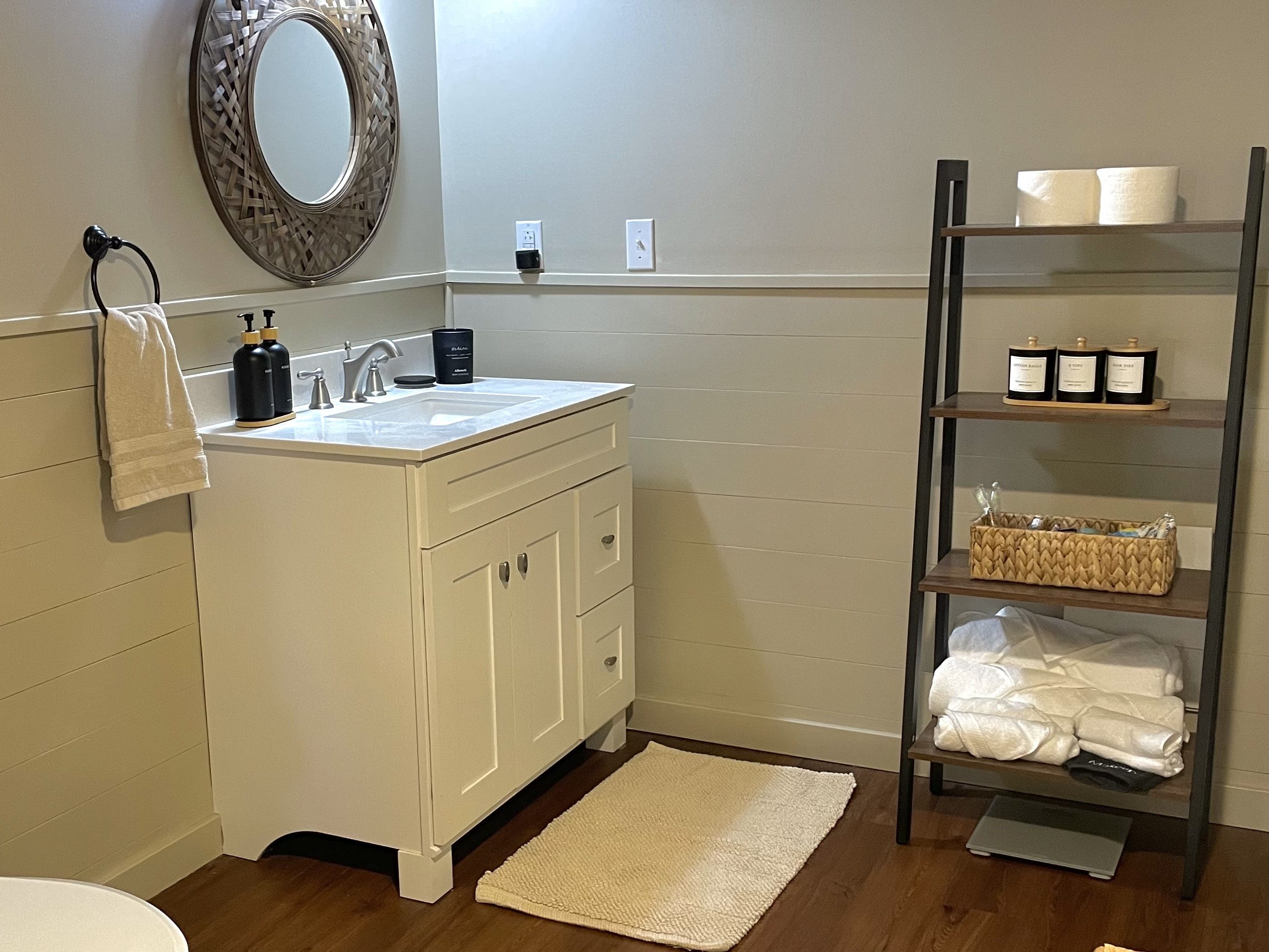Spacious bathroom with walk-in shower and fresh towels for your stay