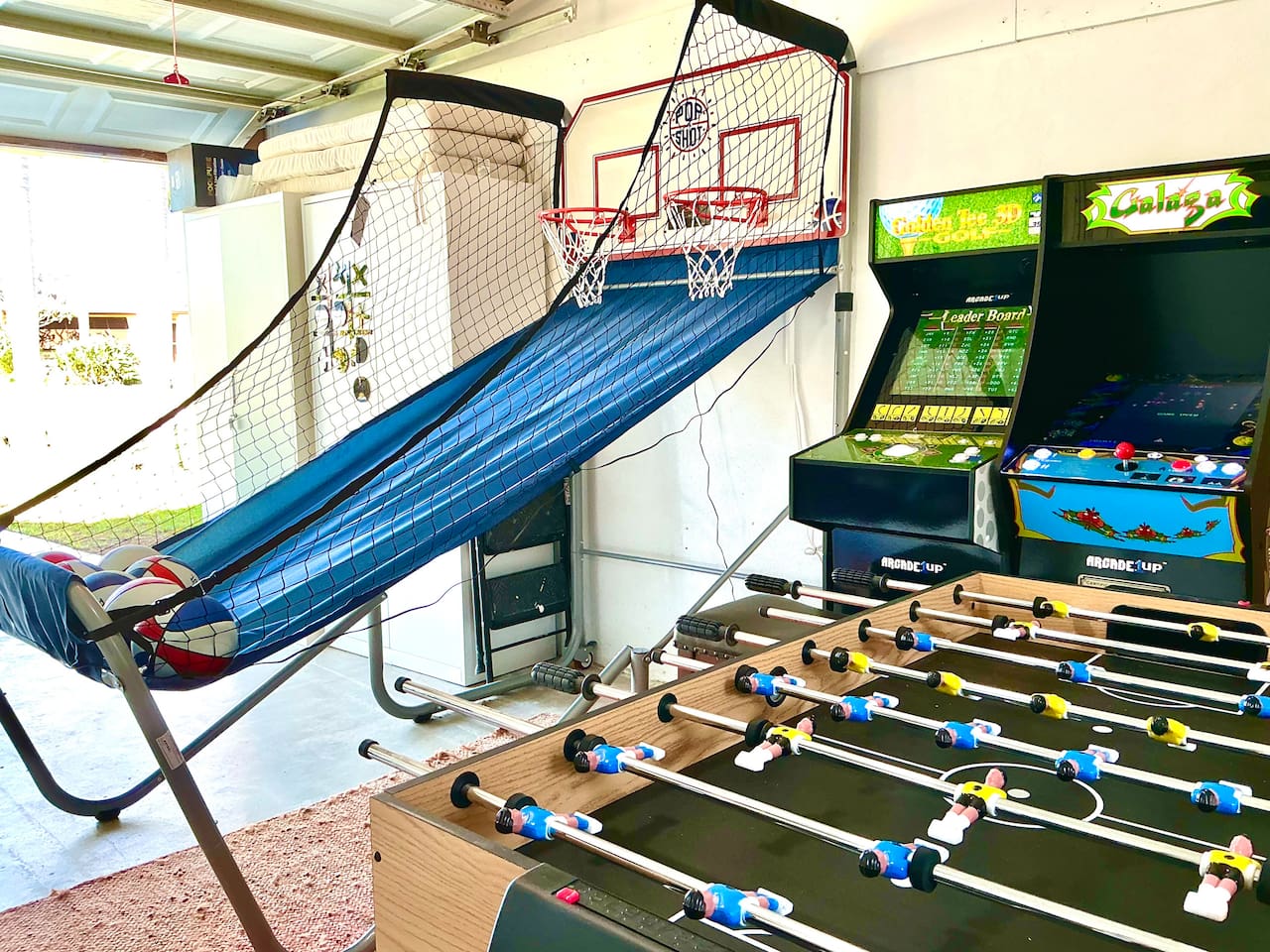 New games! Including Pop-a-Shot with electronic scoreboard, and 2 arcade games…Golden Tee 3D Golf, and Galaga. Both have 10+ games.