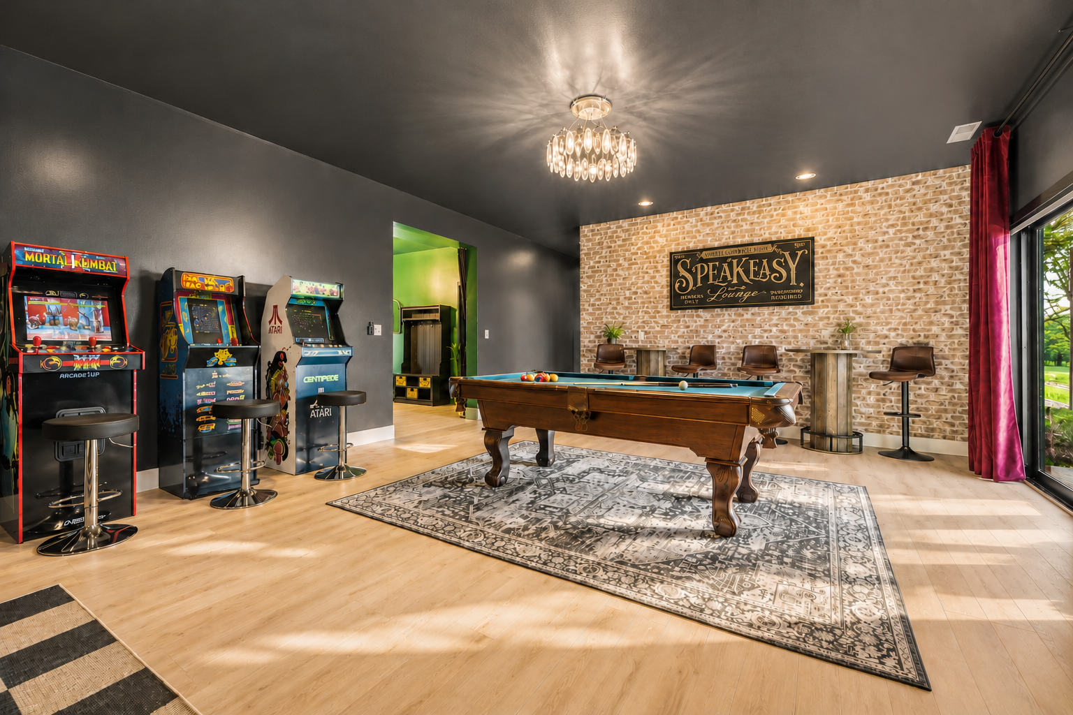 {Speakeasy Game Room} Bounce between arcade classics, pool, and the bar — a full speakeasy-style experience built for groups to spread out and stay entertained.