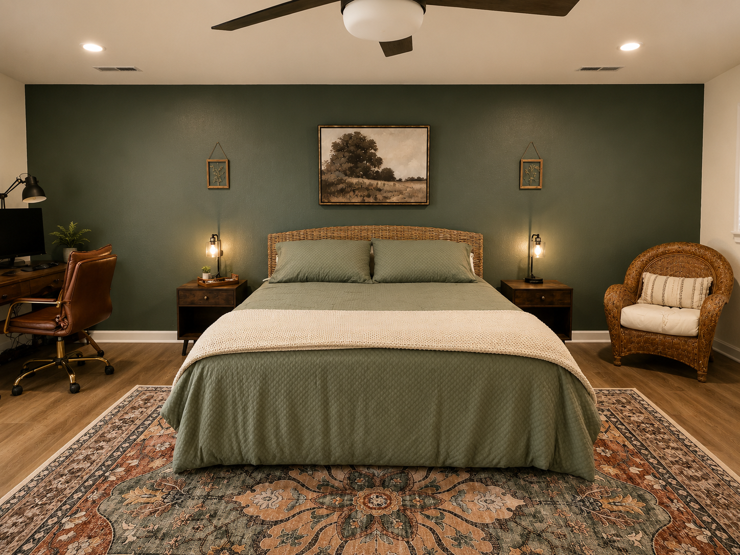 Large basement bedroom with a king bed, sitting area, workspace and plenty of room to unwind.