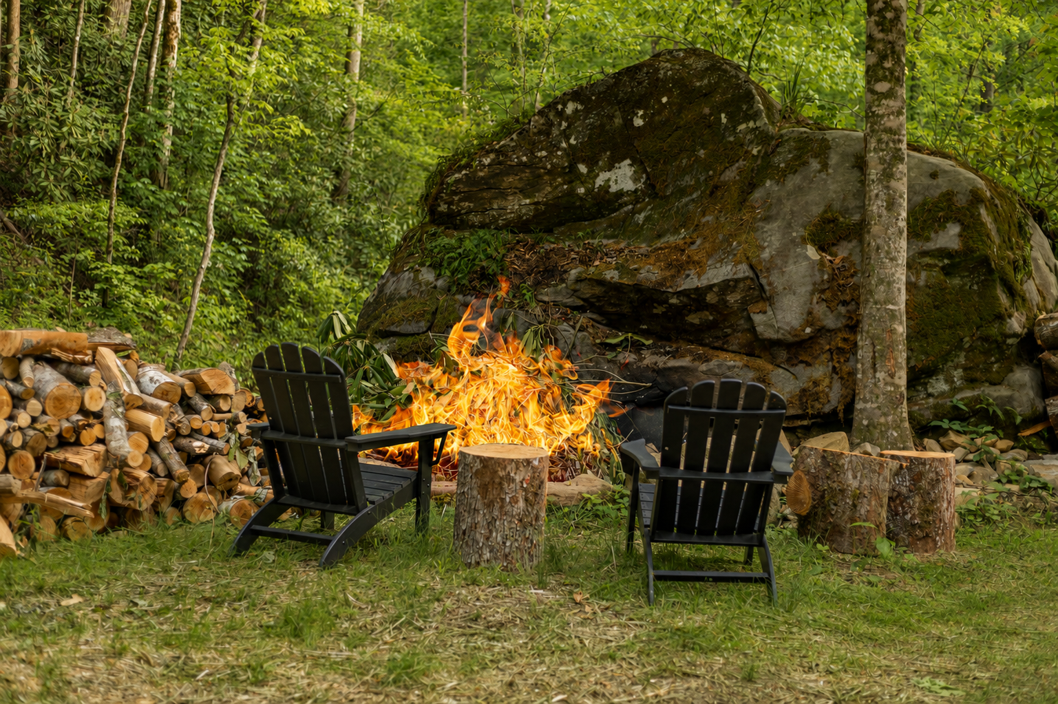 Gather around the fire pit for cozy evenings surrounded by nature and the sounds of the nearby stream.