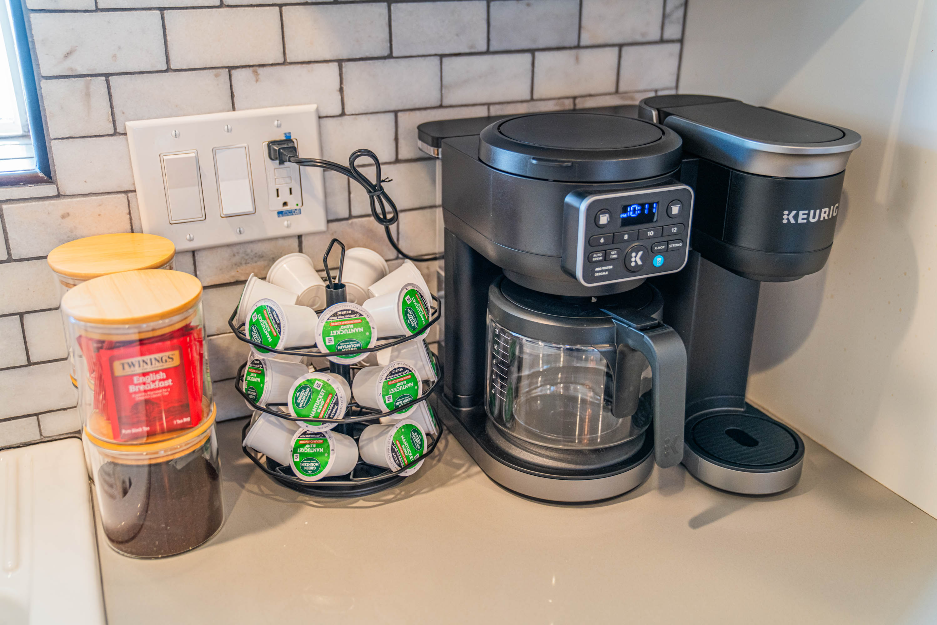 Dedicated coffee station featuring a Keurig, stocked pods, and essentials — start your mornings right before heading out to explore Scottsdale.