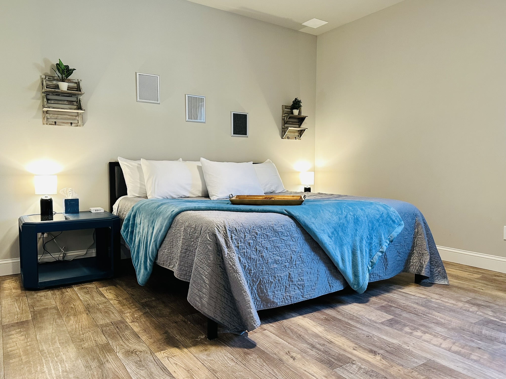 King Bed with Side Tables and USB chargers & plugs for all your accessories.