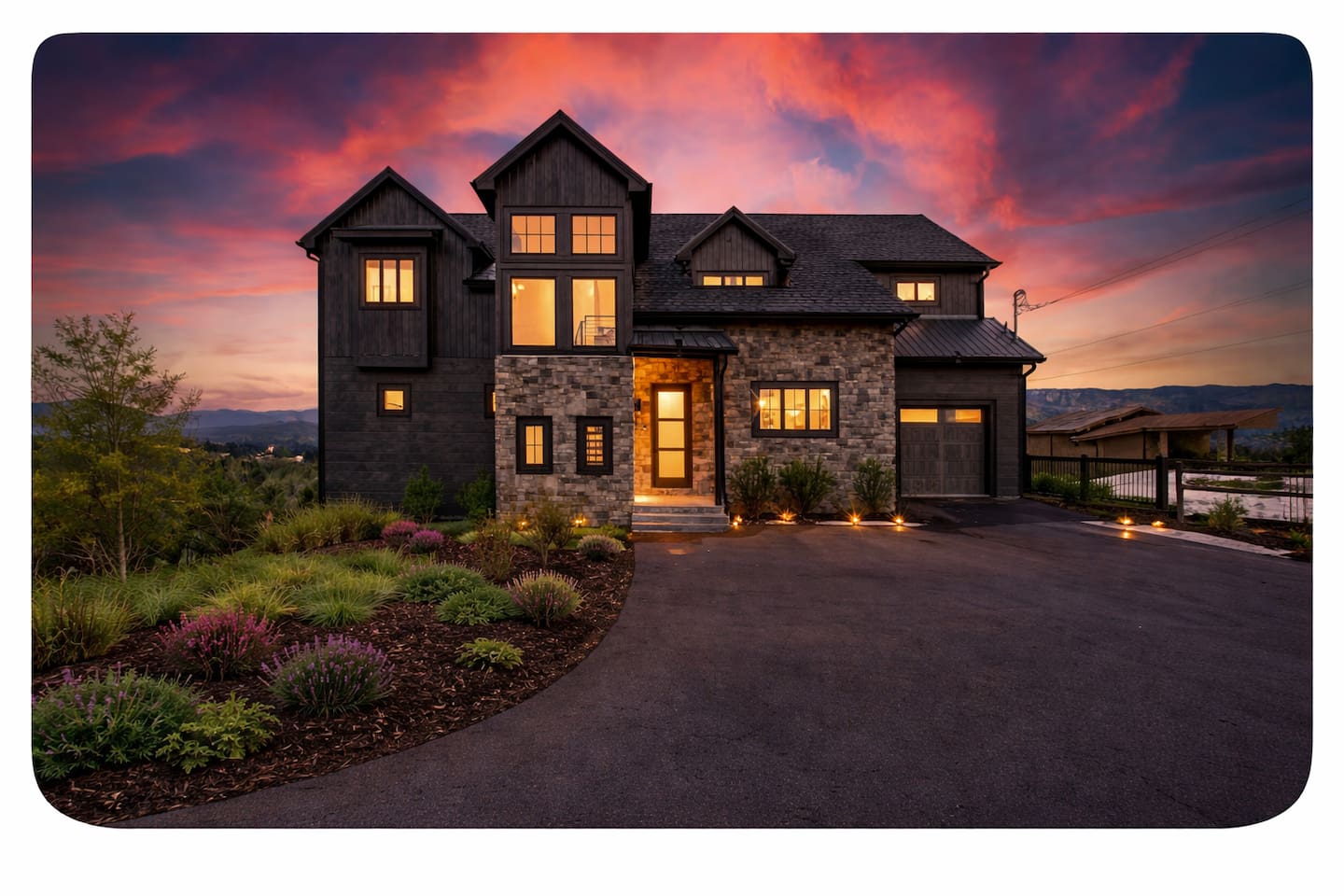 Stylish modern mountain retreat with stunning sunset views, warm ambient lighting, and lush landscaped surroundings. Spacious, inviting, and perfect for relaxing getaways, ideal for families, groups, or romantic escapes near nature and scenic vistas.