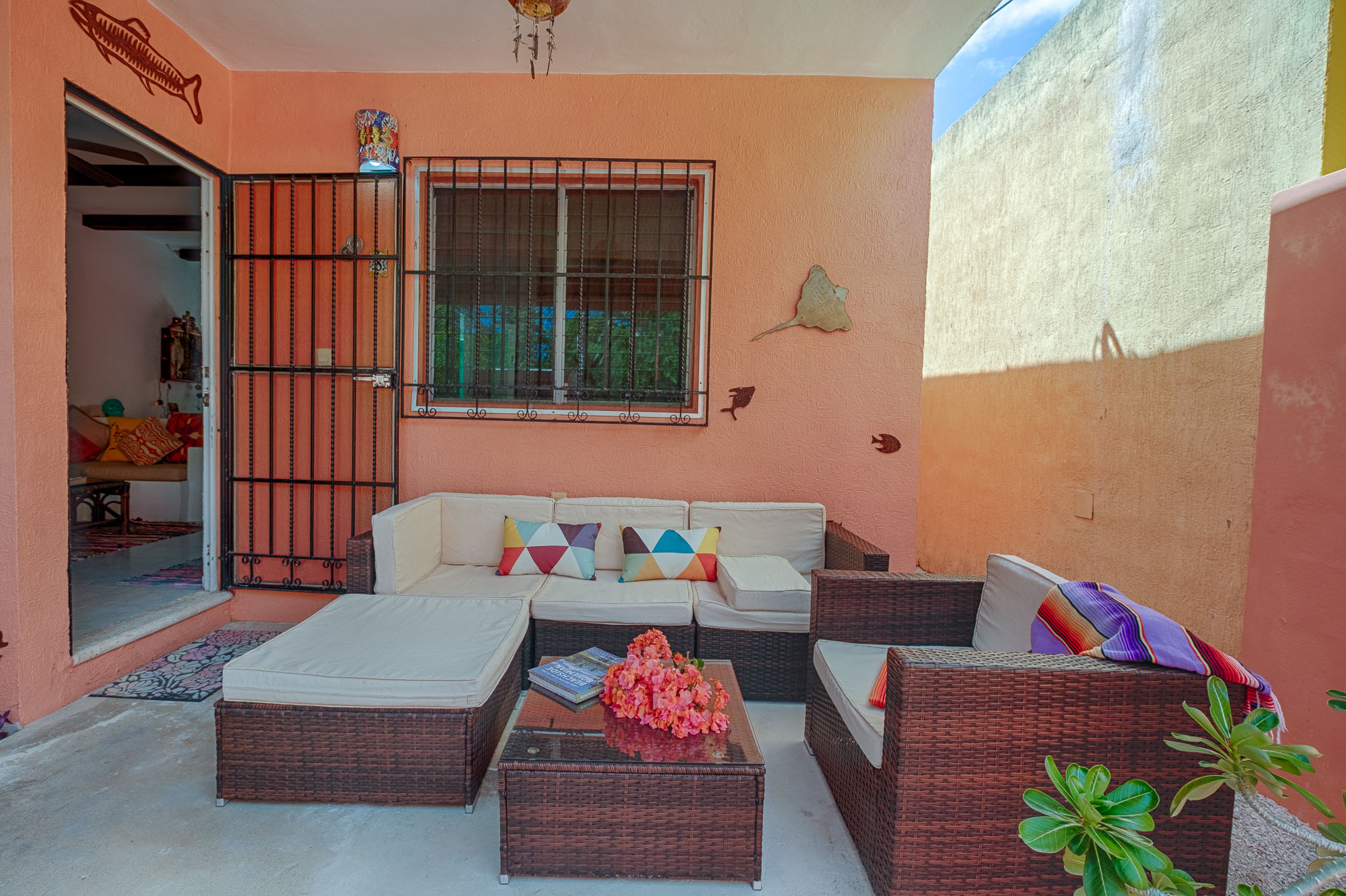 Cozy patio with ambient lighting for pleasant evenings.