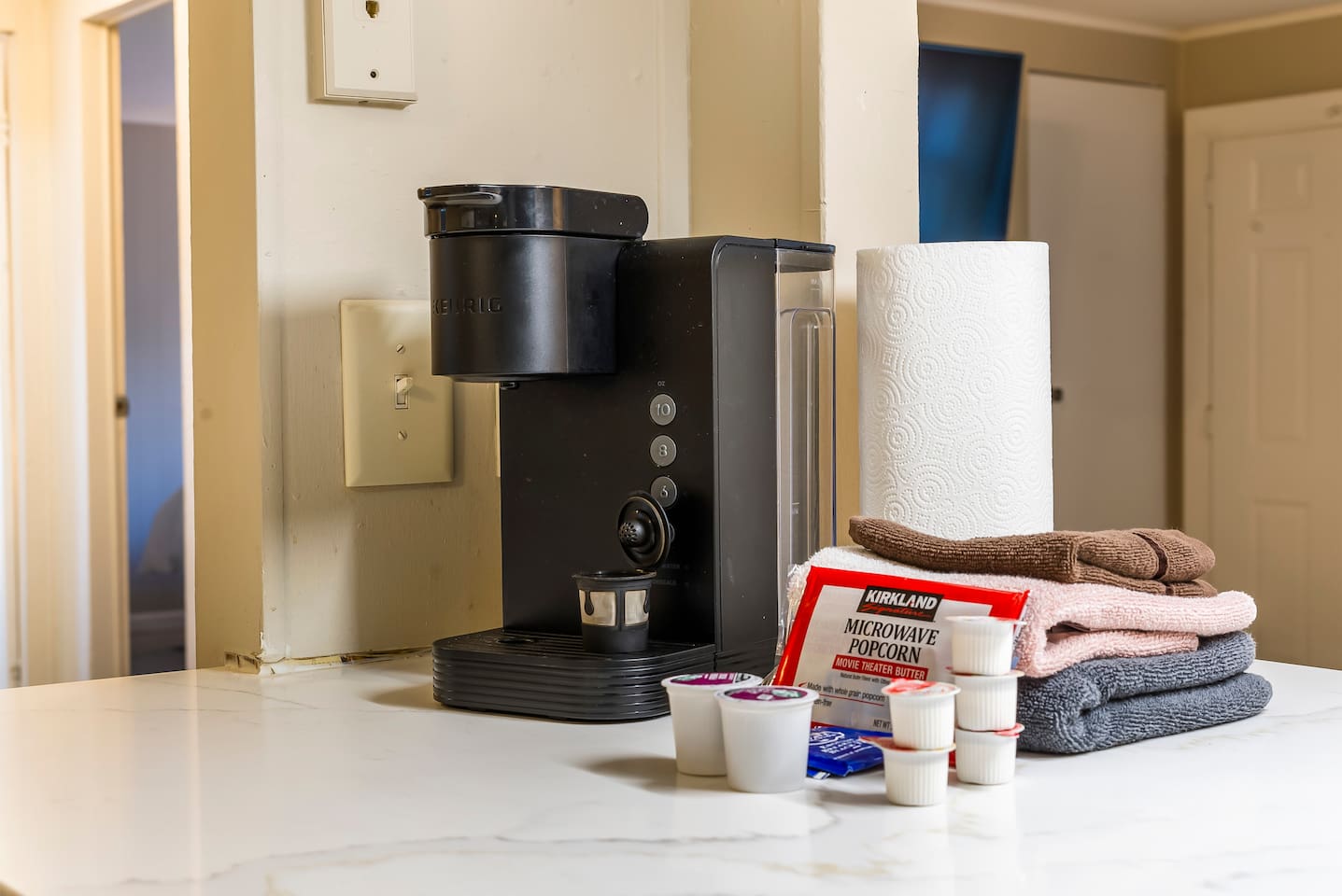 Coffee station with Keurig and complimentary pods so you can start your mornings right.