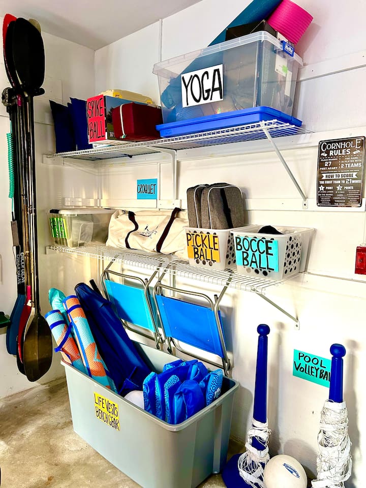 A variety of games, life vests, kayak paddles, & more. 2 bikes stored in shed outside the house for your enjoyment