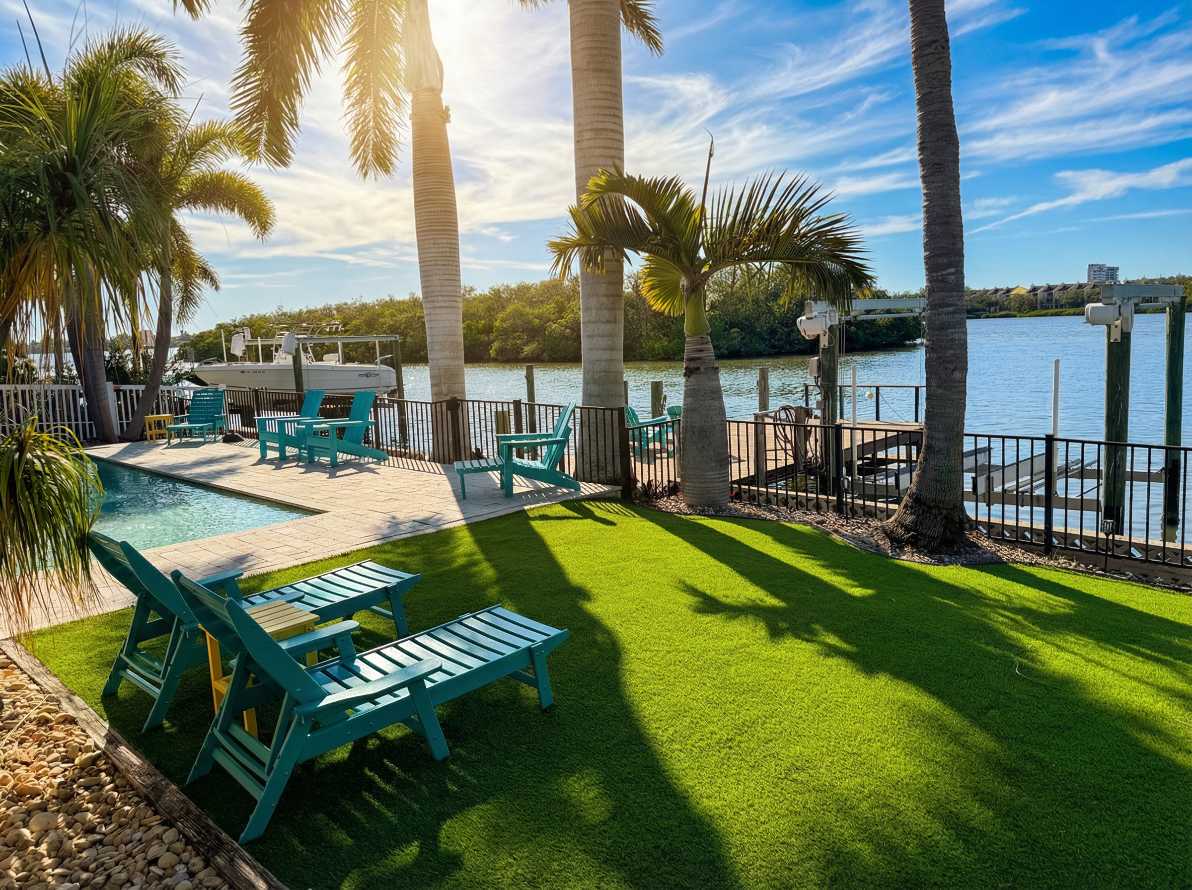 Waterfront yard with dock for fishing and launching paddle boards and kayaks and turf for chilling