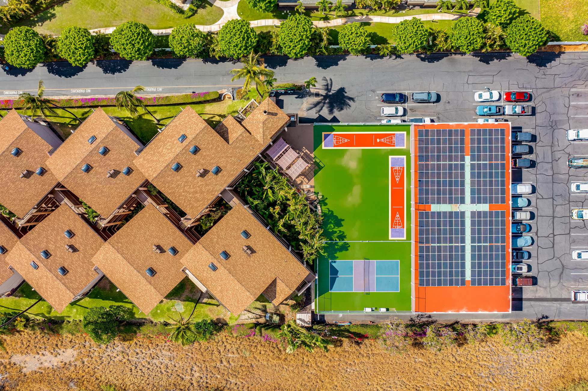 Aerial of tennis court and shuffleboard