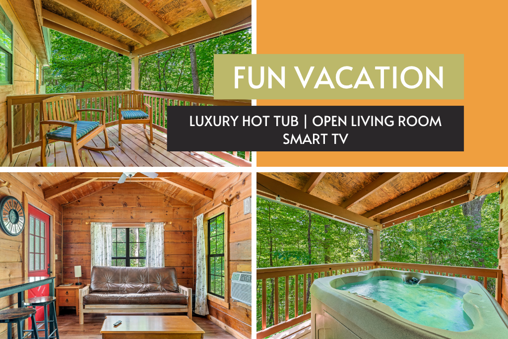 Enjoy a fun mountain escape with a private hot tub, open living room, and smart TV. Relax after hiking or exploring.