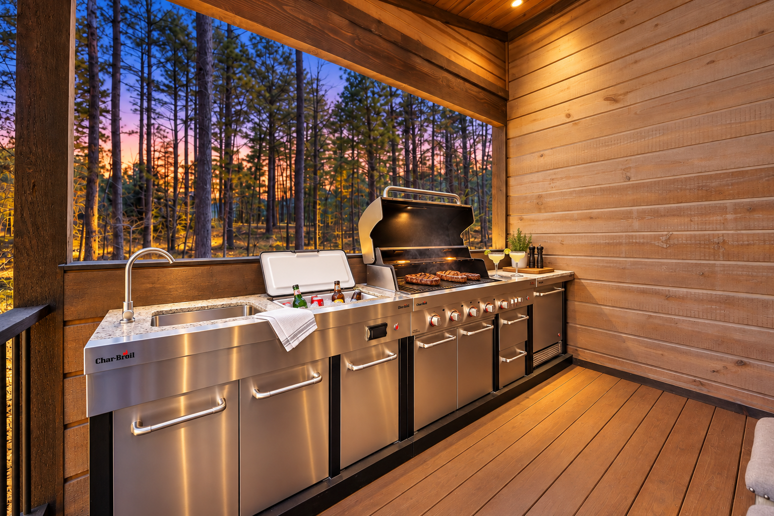 A chef ready outdoor kitchen surrounded by pines. 🌲
Designed for entertaining with a built in grill, generous prep space, sink, beverage fridge, and ice chest so hosting stays easy and everyone stays together.