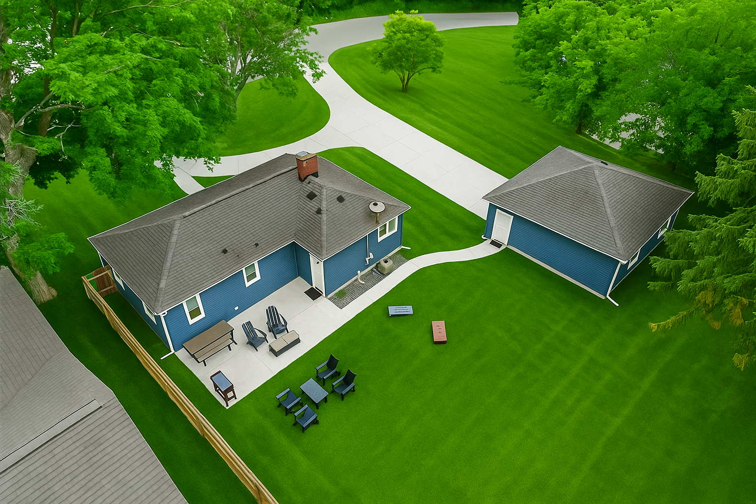 Bird’s-eye view of your private lake retreat—spacious yard, fire pit, garage, and plenty of room to relax or play.