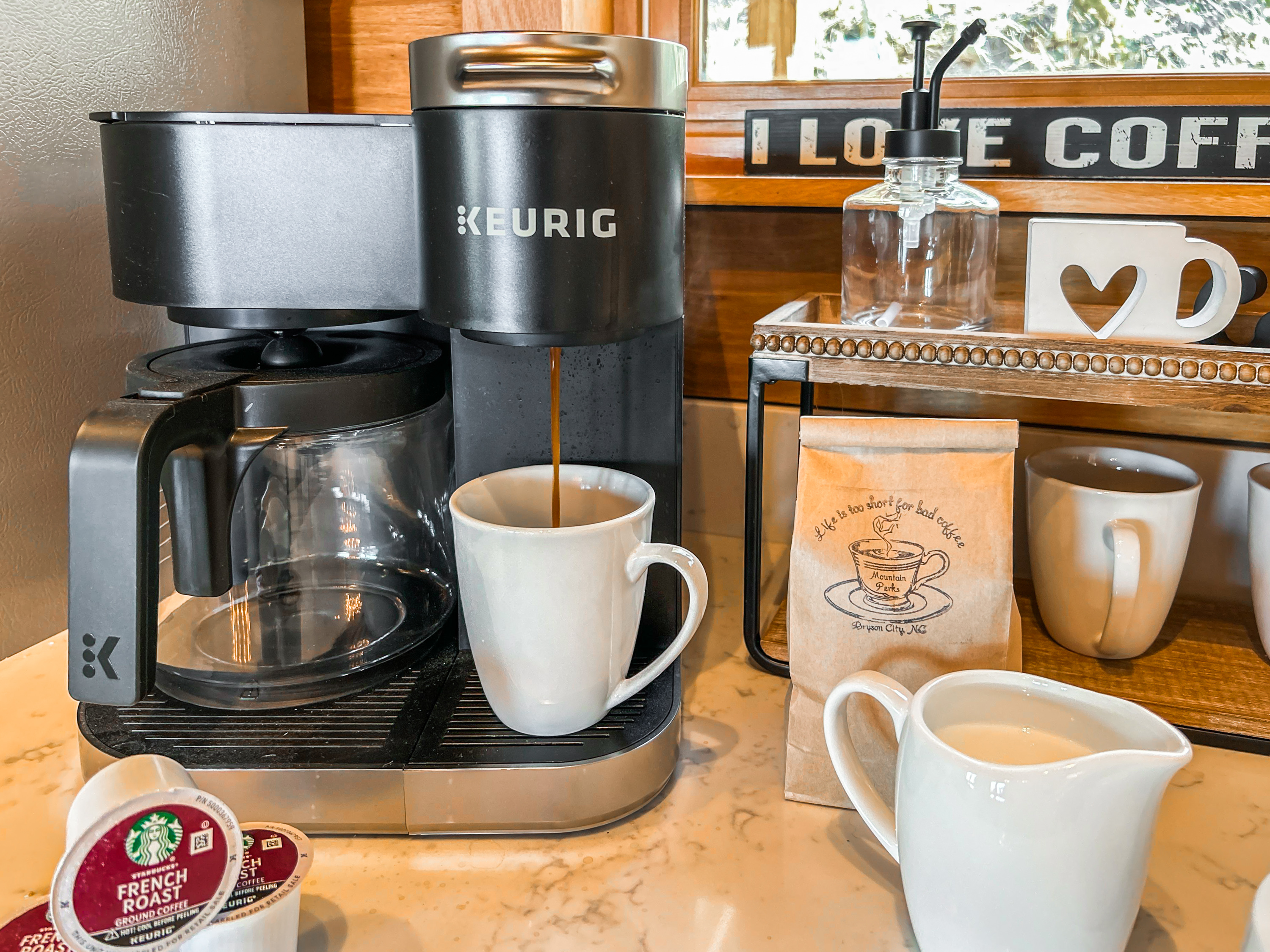 Make yourself a cup of local coffee to sip fireside or taking in the views on the porch.
