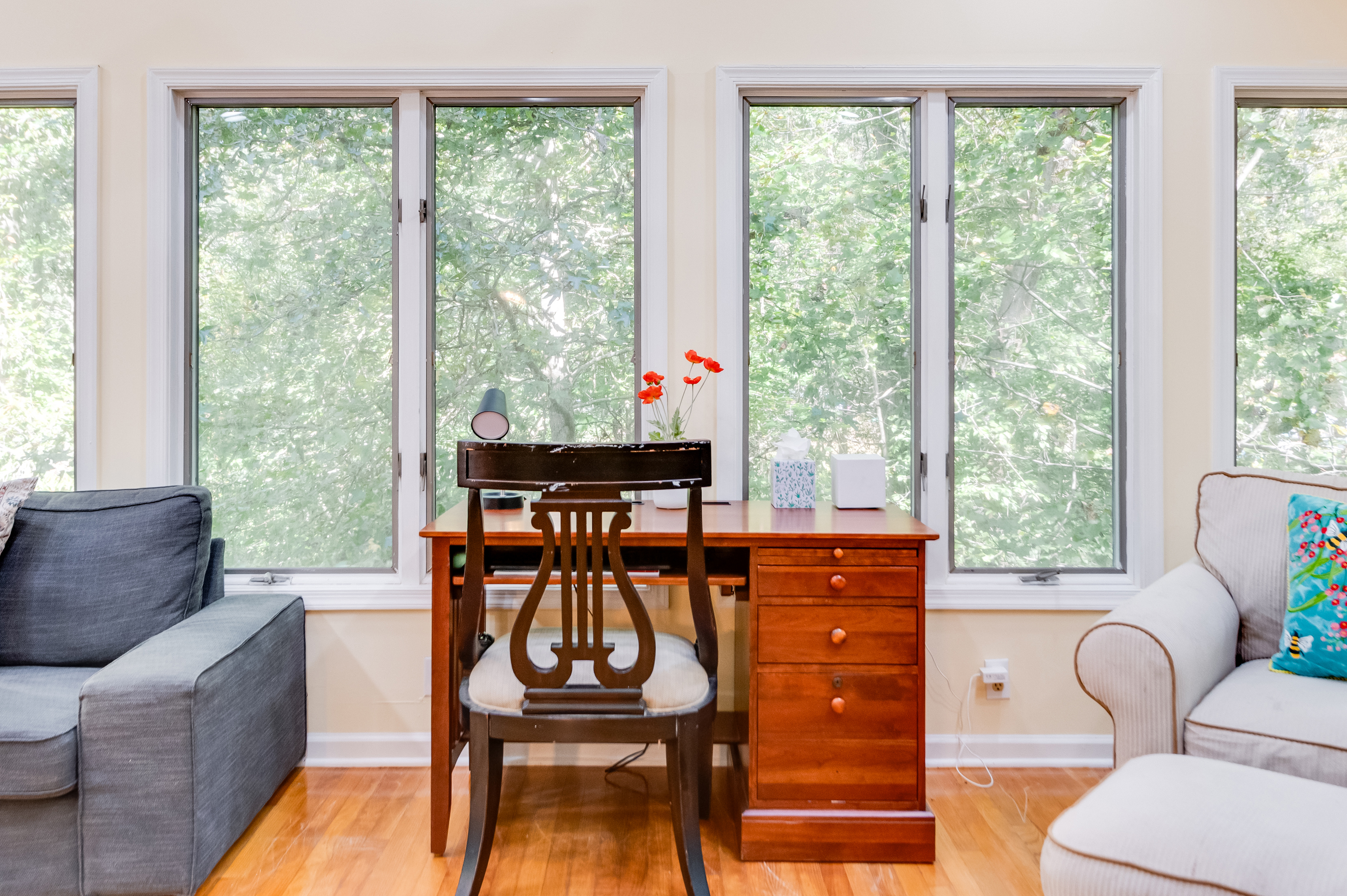 Sunlit Workspace: Enjoy verdant views and a charming desk for productivity or relaxation!