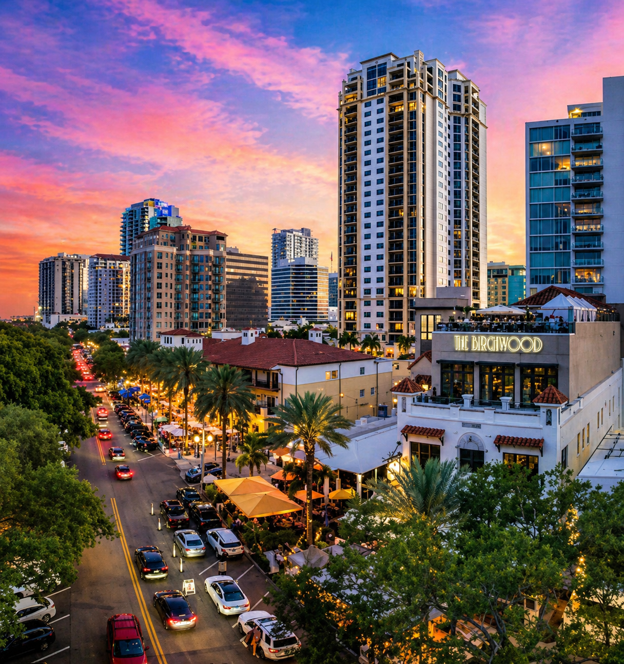Downtown St. Pete along Central Ave, just a 5–7 minute drive away—home to rooftop dining, lively nightlife, and some of the city’s best restaurants, all set against a vibrant skyline.